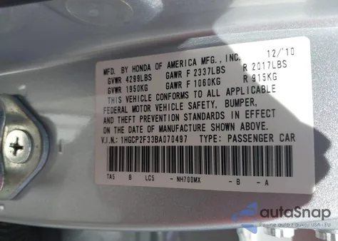 2011 Honda Accord 2.4 Lx z USA, uszkodzony, nr VIN 1HGCP2F33BA070497